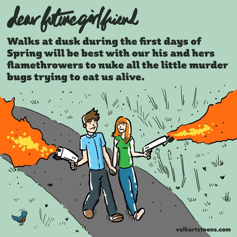 A couple has two flamethrowers ablaze while going on a walk.