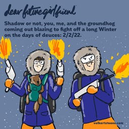 A couple fights the Winter with flamethrowers and a little groundhog in tow.