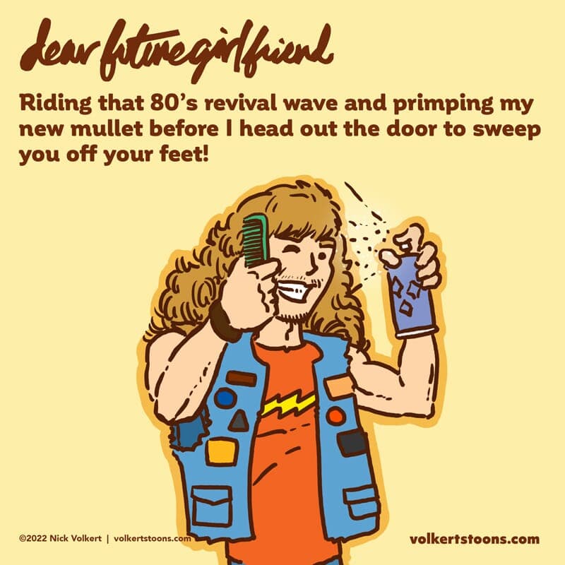 A young man combs his mullet back while wearing a jean vest and graphic tee. - Part 1