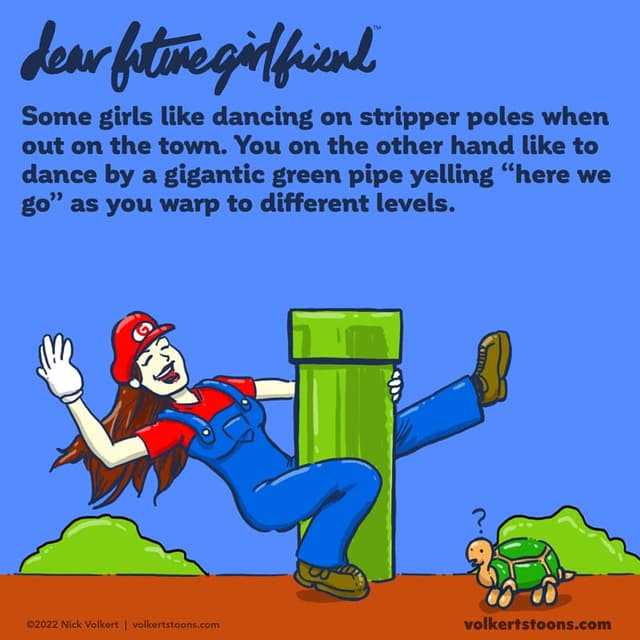 A woman dressed as Mario dances against a green warp pipe.