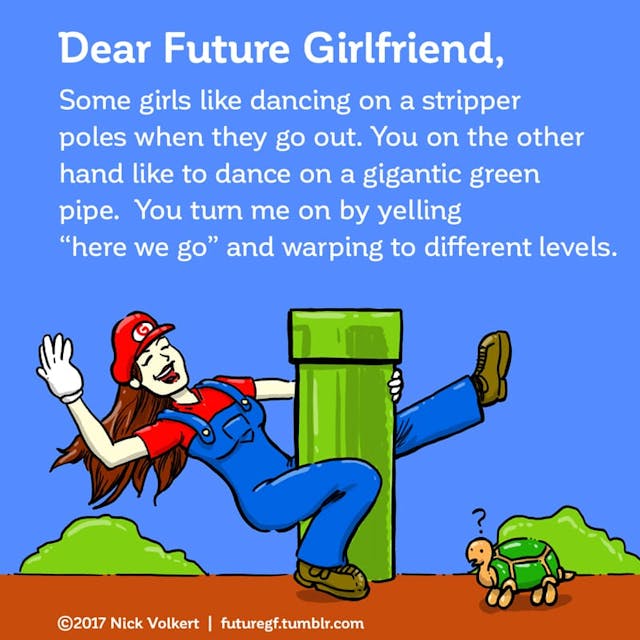 A woman dressed as mario dances on a green pipe
