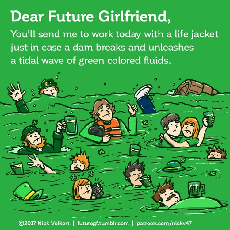 A man in a life jacket in a sea of green beer.