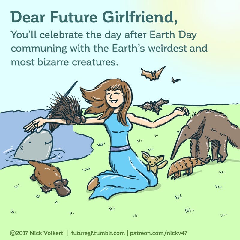 A woman is surrounded by some of the Earth's oddest creatures.