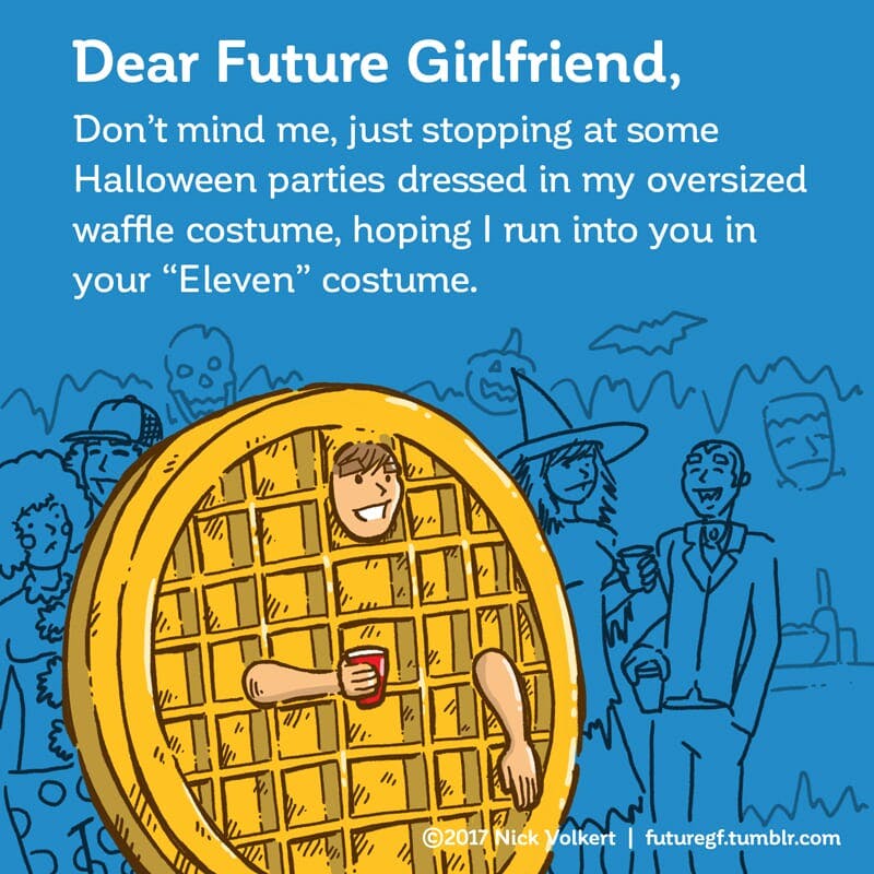 A man works a Halloween party crowd in a gigantic waffle costume.