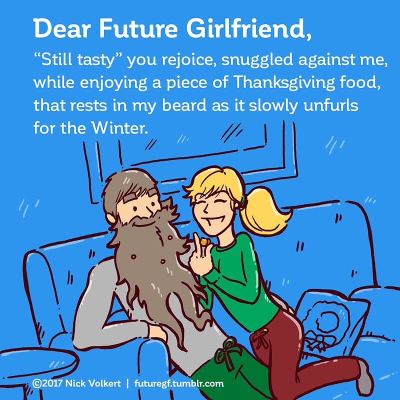 A woman picks pieces of food out of a man's overgrown beard. - Part 1