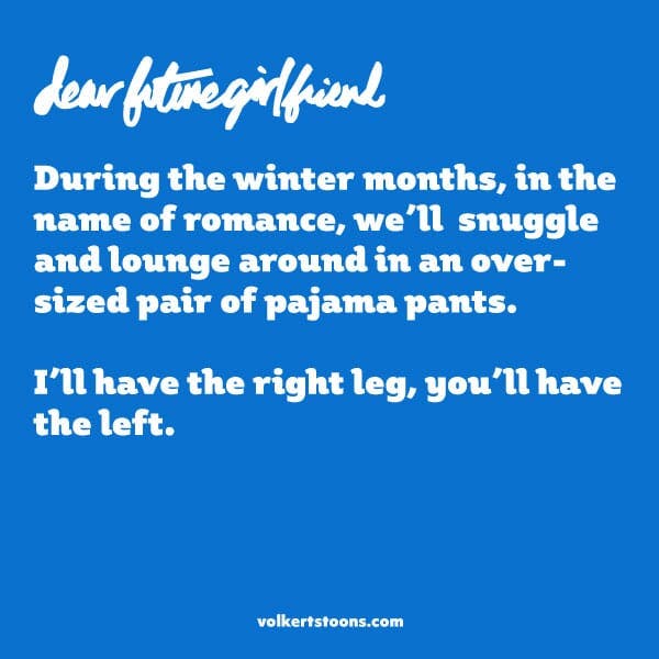 Text-based comic telling about splitting a pair of pajama pants in the cold Winter months.