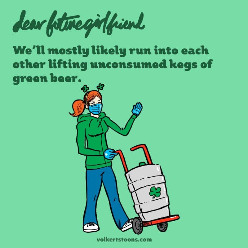 A woman in protective gloves and facemask wheels a keg of beer. - Part 1