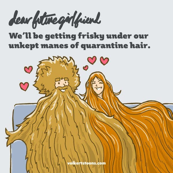 A woman and man with overgrown hair and the dude with a beard, flirt under all the hair.