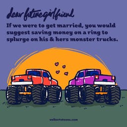 Two monster trucks are parked in front of a sunset.