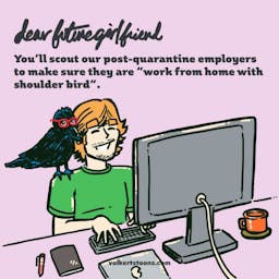 A man works at a computer with a crow perched on his shoudler.