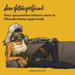 A woman dressed as Immortan Joe lounges on a couch.