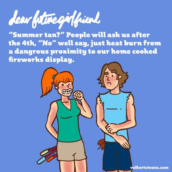 A couple hiding fireworks, sport a noticeable sunburn.