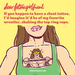 A woman shows off her pro wrestling inspired tattoo.