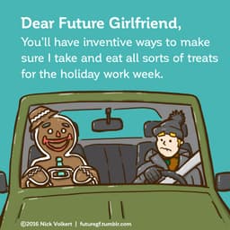 A gingerbread man rides shotgun to a man on his daily commute.