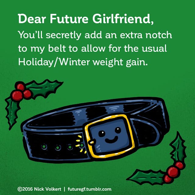 A smiling belt has an extra notch to accommodate holiday weight gain
