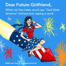 A woman on a large red, white and blue bottle rocket does a salute.