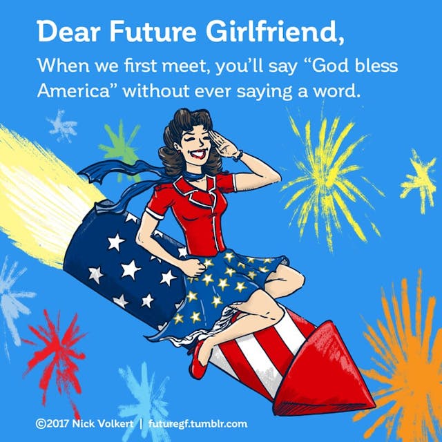 A woman on a large red, white and blue bottle rocket does a salute.