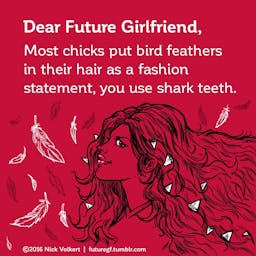 A woman with long flowing hair has shark teeth in it instead of feathers.