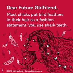 A woman with long flowing hair has shark teeth in it instead of feathers.