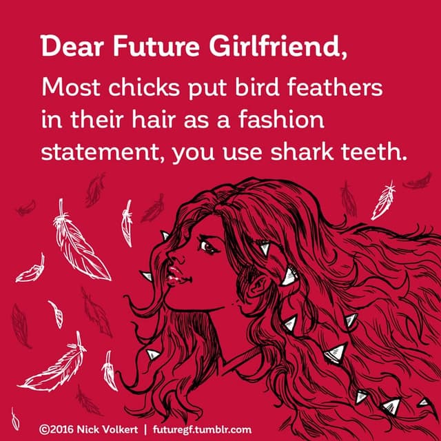 A woman with long flowing hair has shark teeth in it instead of feathers.