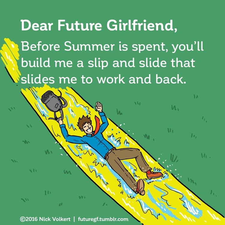 A man dressed for work slides down a slip and slide
