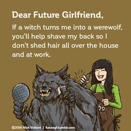 A man who is turned a werewolf is shaving his hair with help from a lady friend.