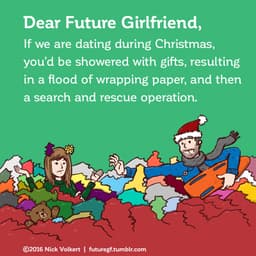 A woman is adrift in a sea of opened wrapping paper.