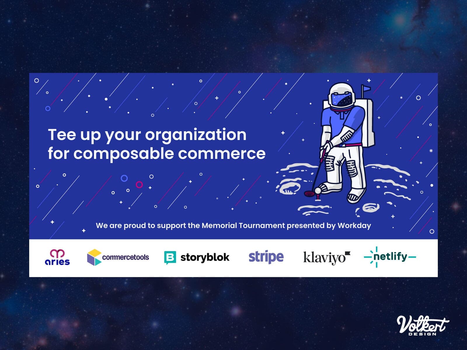 An ad for Aries Solutions composable commerce with an astronaut dressed as a golfer.