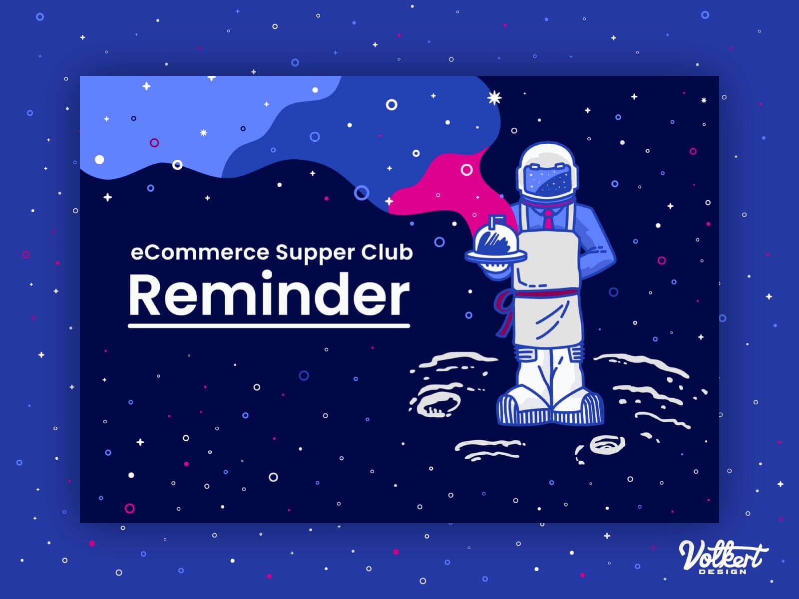 An astronaut is also dressed as a chef serving dinner with a galaxy and stars eminating from the covered dish.