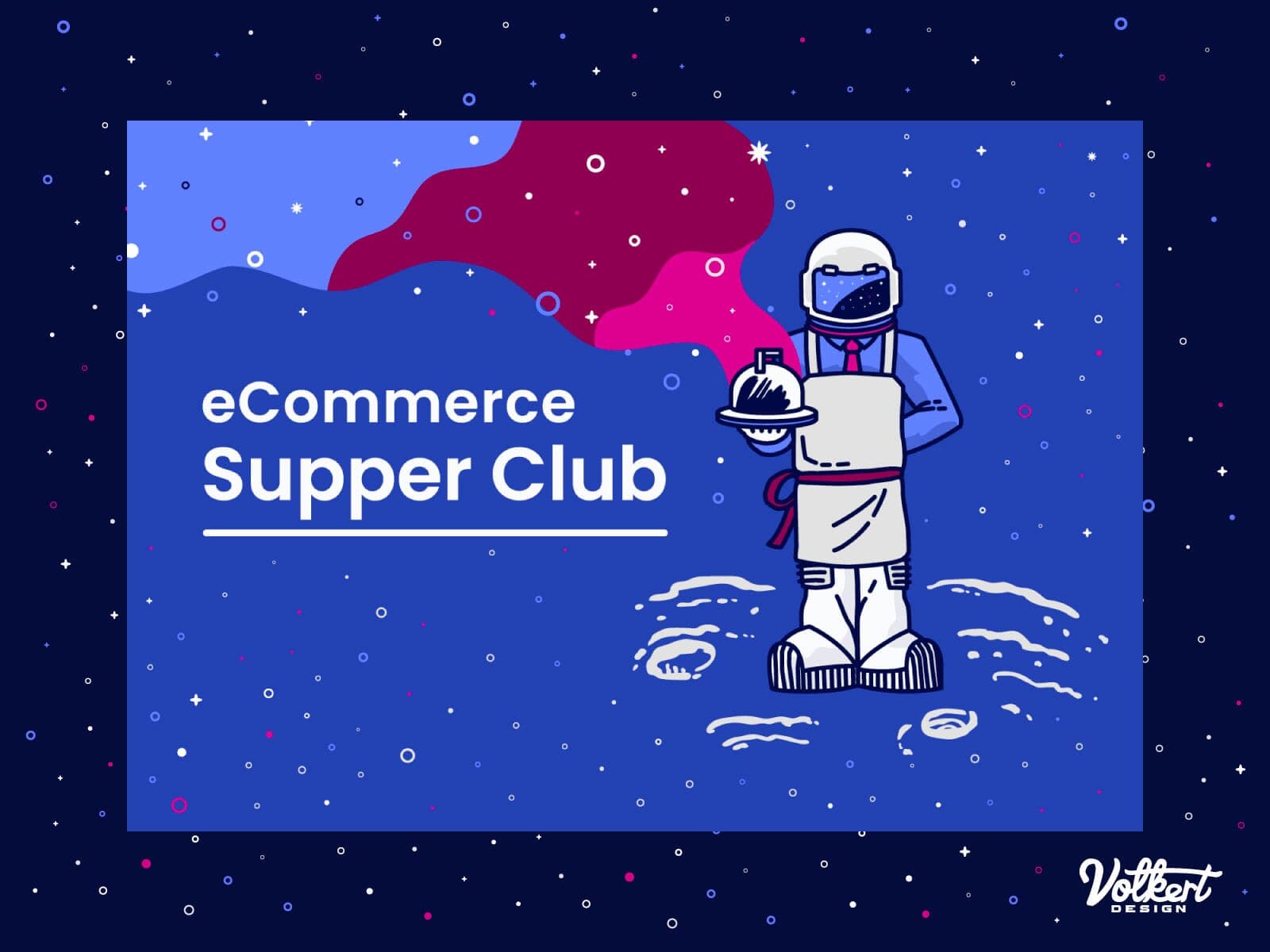 An astronaut is also dressed as a chef serving dinner with a galaxy and stars eminating from the covered dish.