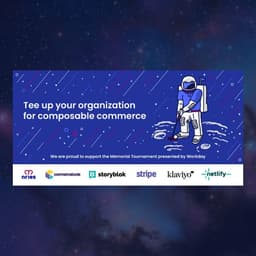 An ad for Aries Solutions composable commerce with an astronaut dressed as a golfer.