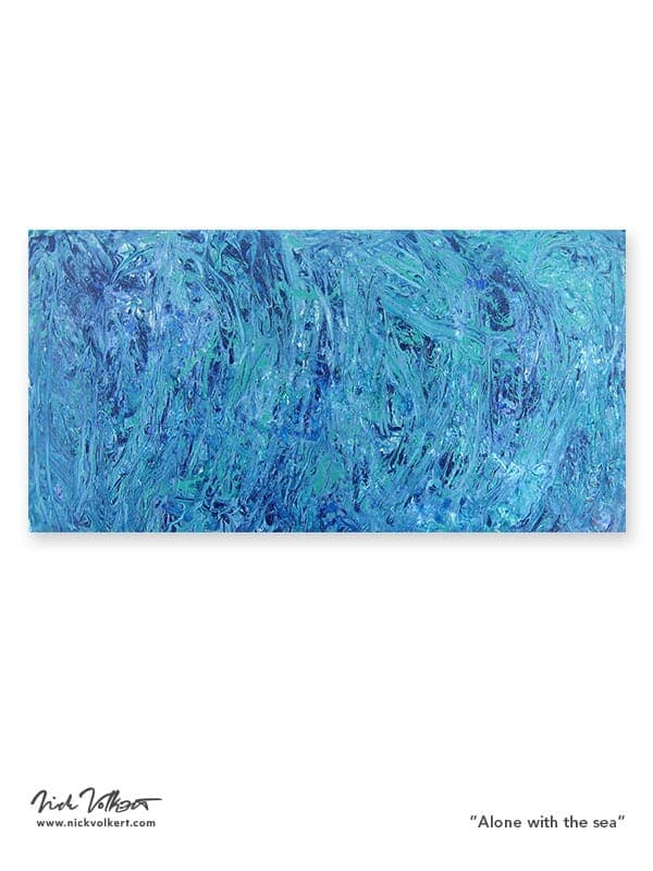 An abstract painting on board with rich shades of green and blue, capturing the choppy seas of and clear waters.