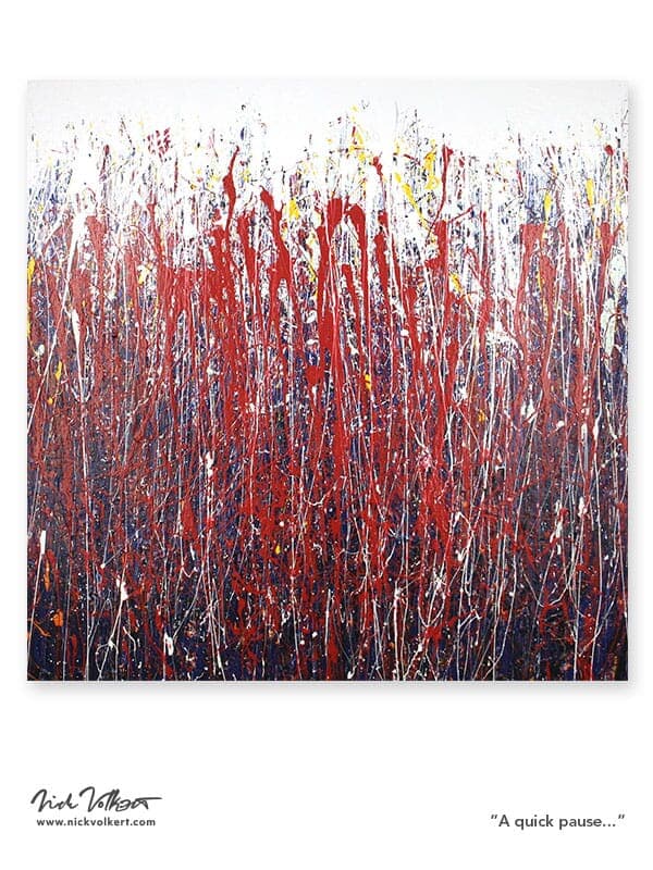 An abstract painting on stretched canvas with dominant use of red with shades of blue and white with touches of yellow.