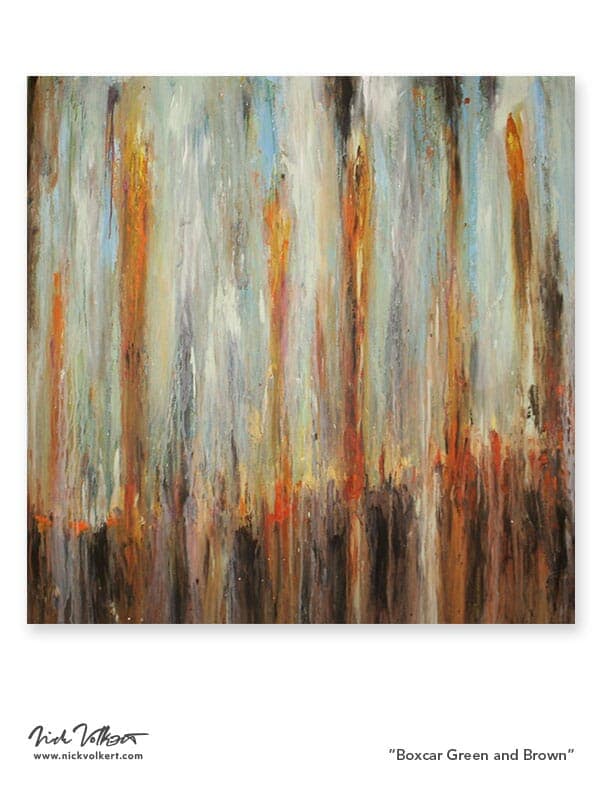 A work that is capturing a decaying boxcar side with a green field of paint disrupted by vertical orange pockets emulating rust and deep browns at the bottom of the work.