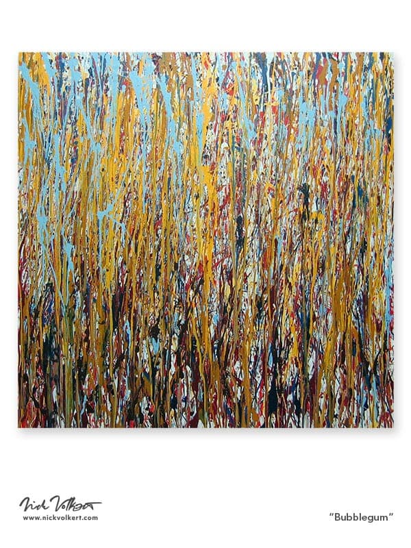 A large square abstract work with fun primary colors of light blue, yellow and red, mixing together vertically to bleed together at the bottom of the work.