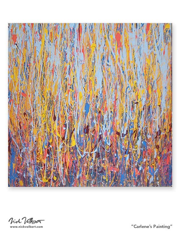 An abstract work on canvas with rich blues, yellows, oranges, and slight use of maroon red.