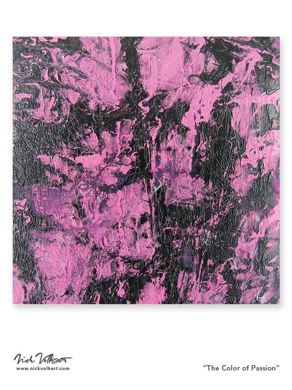 A squre abstract painting on wood panel with a rich vibrant pink color and black.