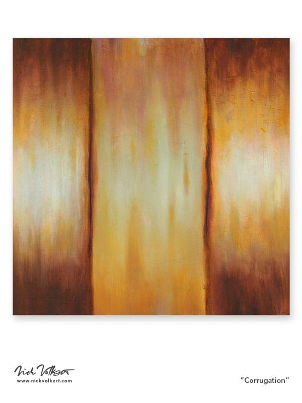 A piece with three sections, emulating a side of a train boxcar, that has dark browns on the top and bottoms with greens and oranges in the interior of the piece.