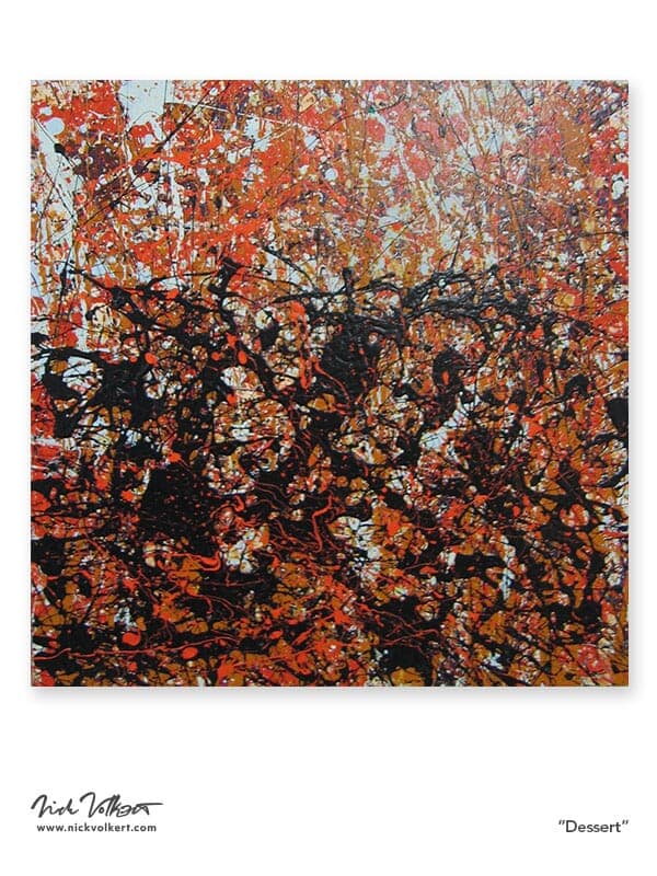 An abstract work made with latex acrylic paint on a square board with layered splattered paint with black, orange, light blue and a caramel brown base.