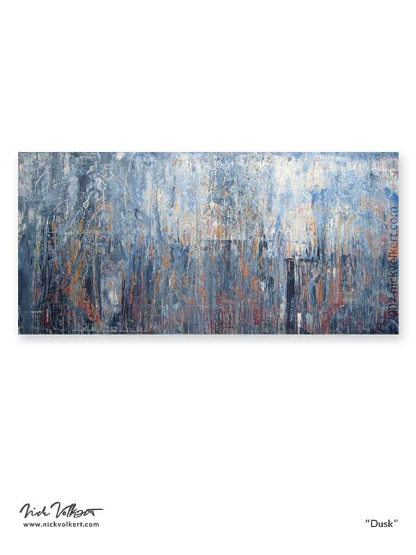 In a landscape orientation, this work has a light orange base with a dark navy/indigo blue top layer, blended with white, to create a gritty night time feel in this abstract work.