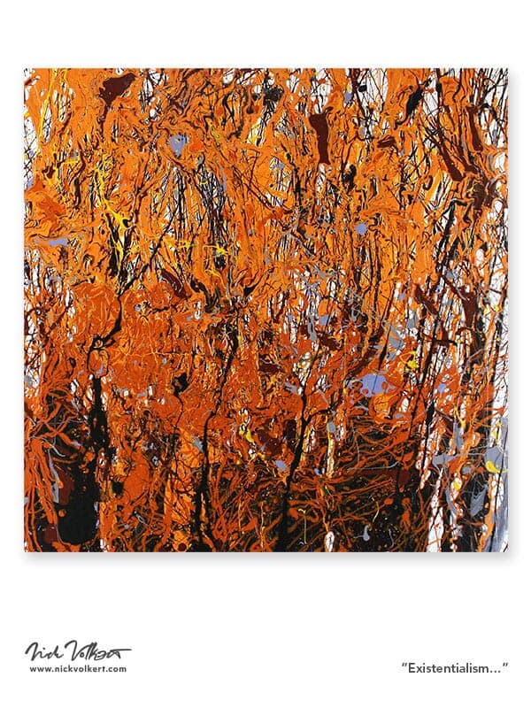 A chaotic work of orange, yellow, and black paint frantically mixes on the board as a representation of a moment of zen when in the shower after a long day.
