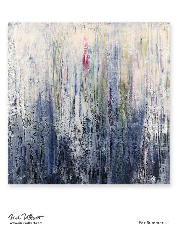 An abstract art piece made with oil paint on a board with an icy blue to white fade with a few hints of red in the composition.