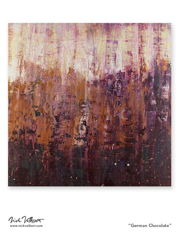 An abstract painting made with the scraping method with dark shades of purple and brown to look very cake-like.