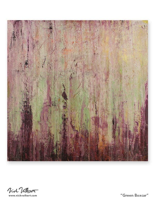 An abstract work that has a prominent green paint that has deep purple streaks on the bottom of th work with hints of yellow and orange peeking through the green.