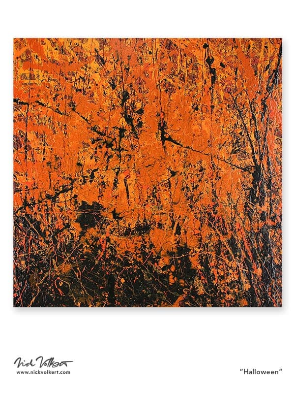 An abstract work on a square board with layered shades of orange with a dominant application of black.