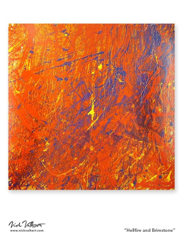 A square-shaped abstract work on a panel, made using latex acrylic paint with bright orange, purple, yellow and a light orange base.