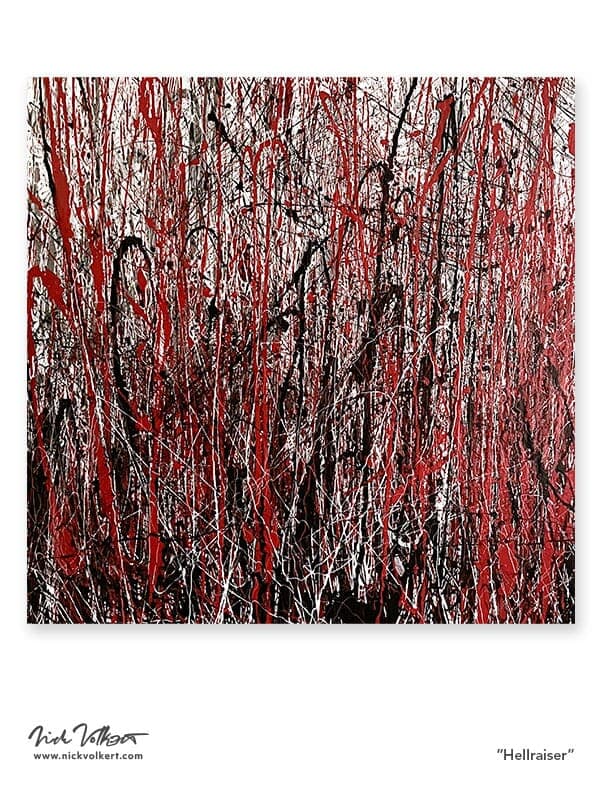A square-shaped painting on canvas with red, black, and white with latexy acrylic paint as the medium.
