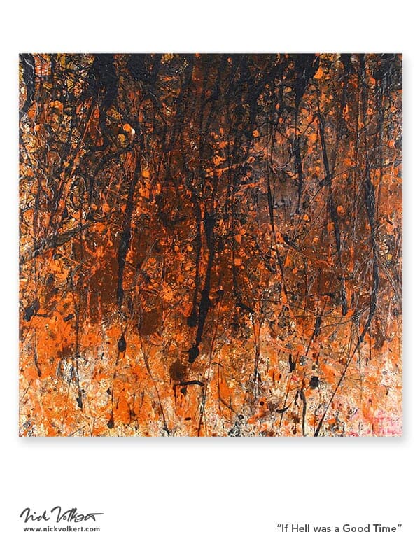 Dominant shades of black on top of shades of orange using latex acrylic on a square board.