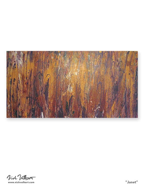 An abstract painting work on a framed board in landscape format with earthy shades of purple, yellow and brown with hints of a rusty orange.