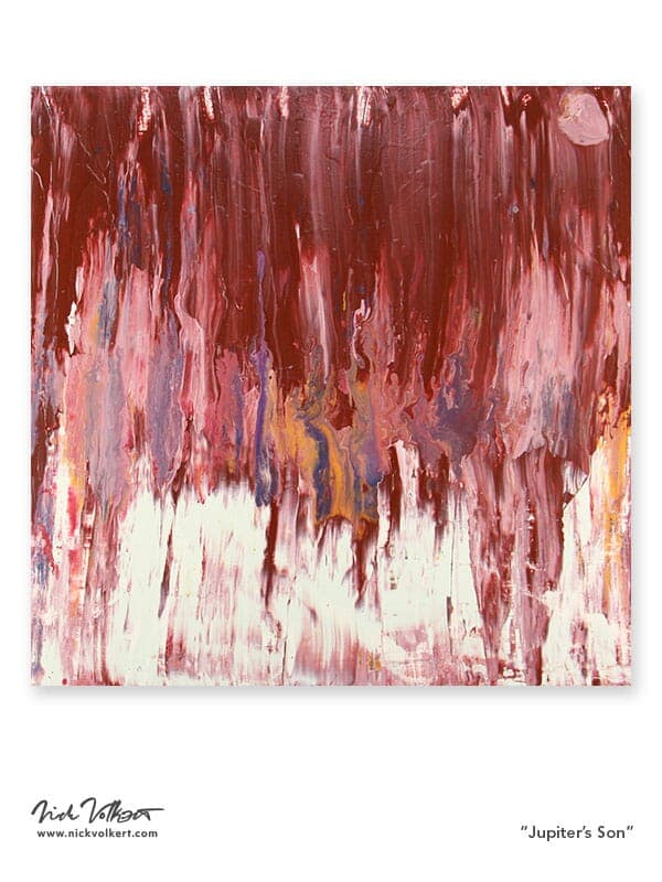 A square panting using latex acrylic on a board, a maroon field of color blends into white with mixing of colors in the middle of the piece that feels like a detail of the planet Jupiter.